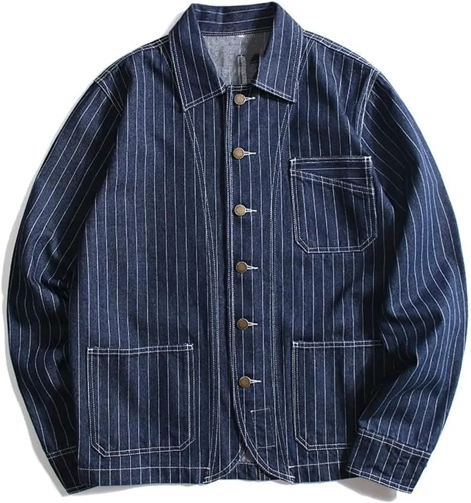 Men's Striped Denim Jacket, Oversized Motorcycle Jacket, Blue Slim Fit Top