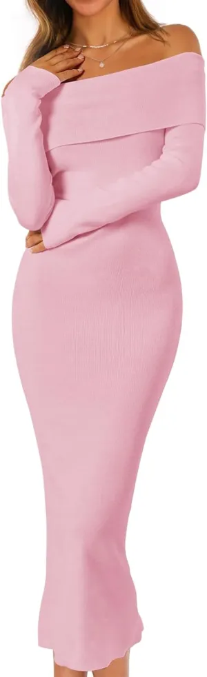 MEROKEETY Women's Winter Off Shoulder Bodycon Sweater Dress Formal Long Sleeve Elegant Cocktail Party Midi Maxi Dresses
