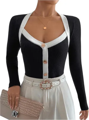 Milumia Women's Contrast Trim Sweetheart Neck Long Sleeve Rib Knit Elegant Sweater Top