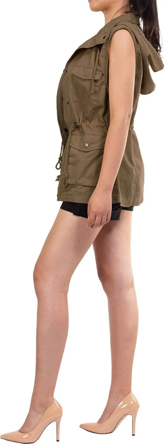 MixMatchy Women's Drawstring Lightweight Loose Fit Sleeveless Safari Vest Utility Jacket