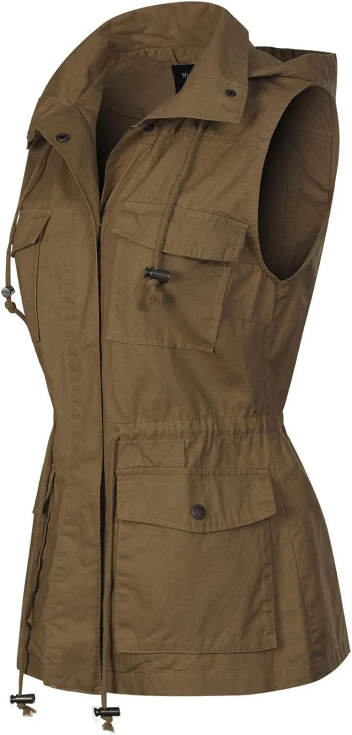 MixMatchy Women's Drawstring Lightweight Loose Fit Sleeveless Safari Vest Utility Jacket