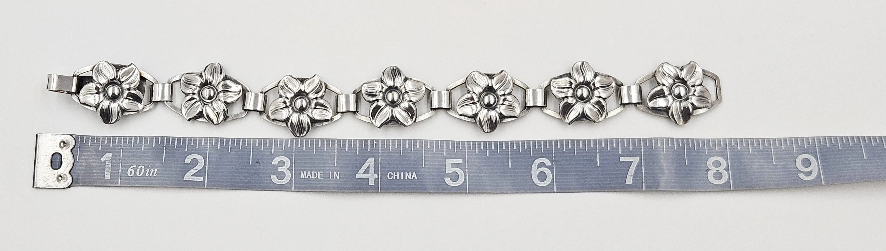 Munksgaard Denmark Art Deco Flowers #270 Sterling Panel Links Bracelet 70s