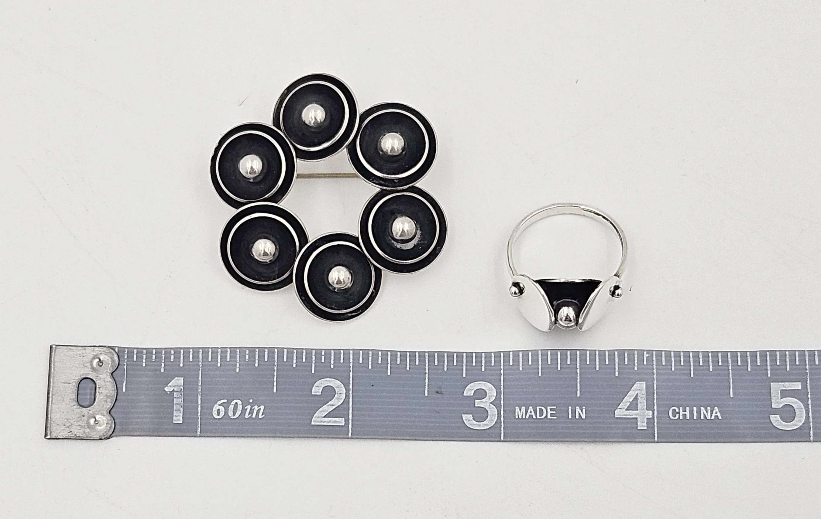 Niels Erik From Denmark Sterling 3D Viking Shields Brooch & Ring Circa 1960s