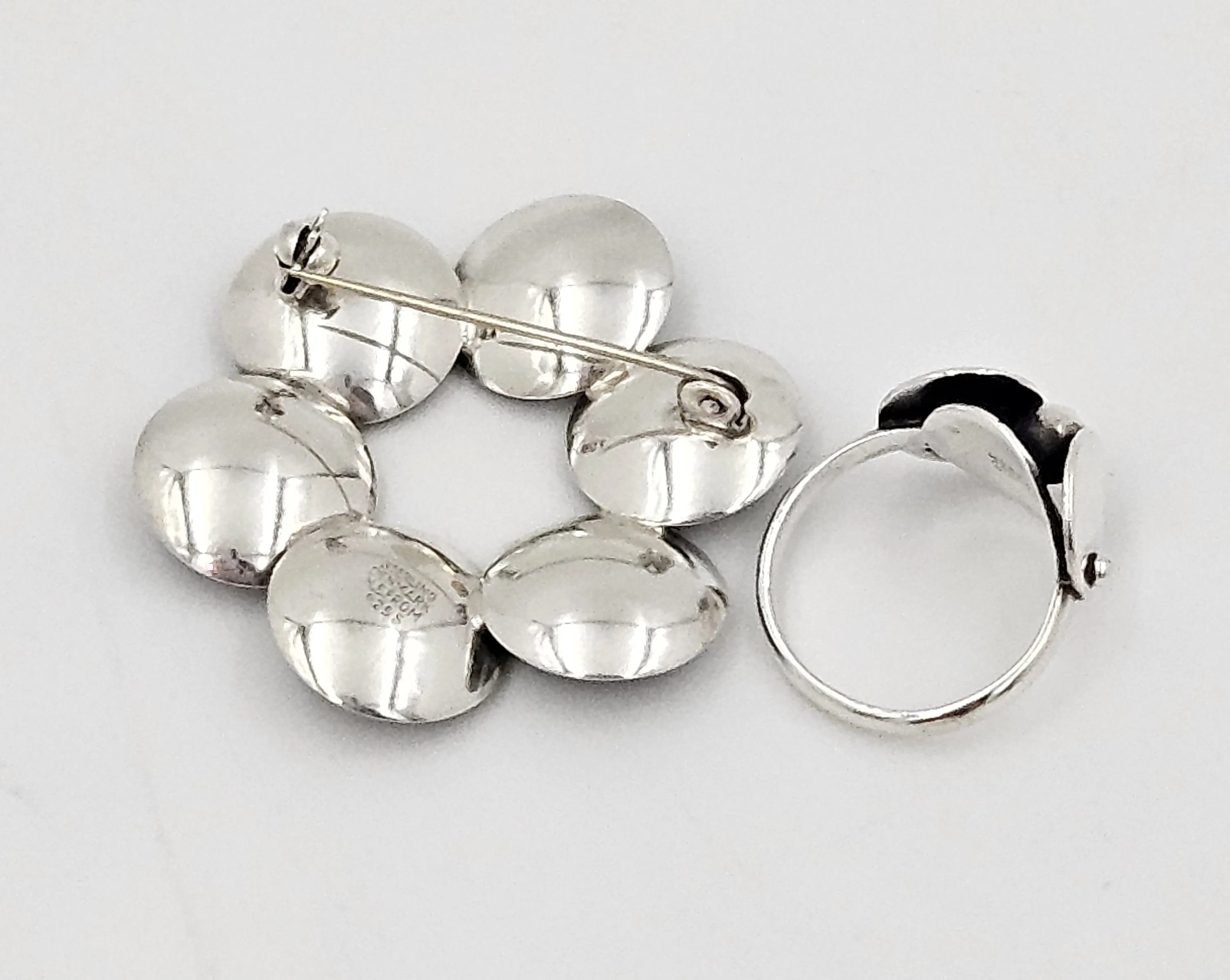 Niels Erik From Denmark Sterling 3D Viking Shields Brooch & Ring Circa 1960s