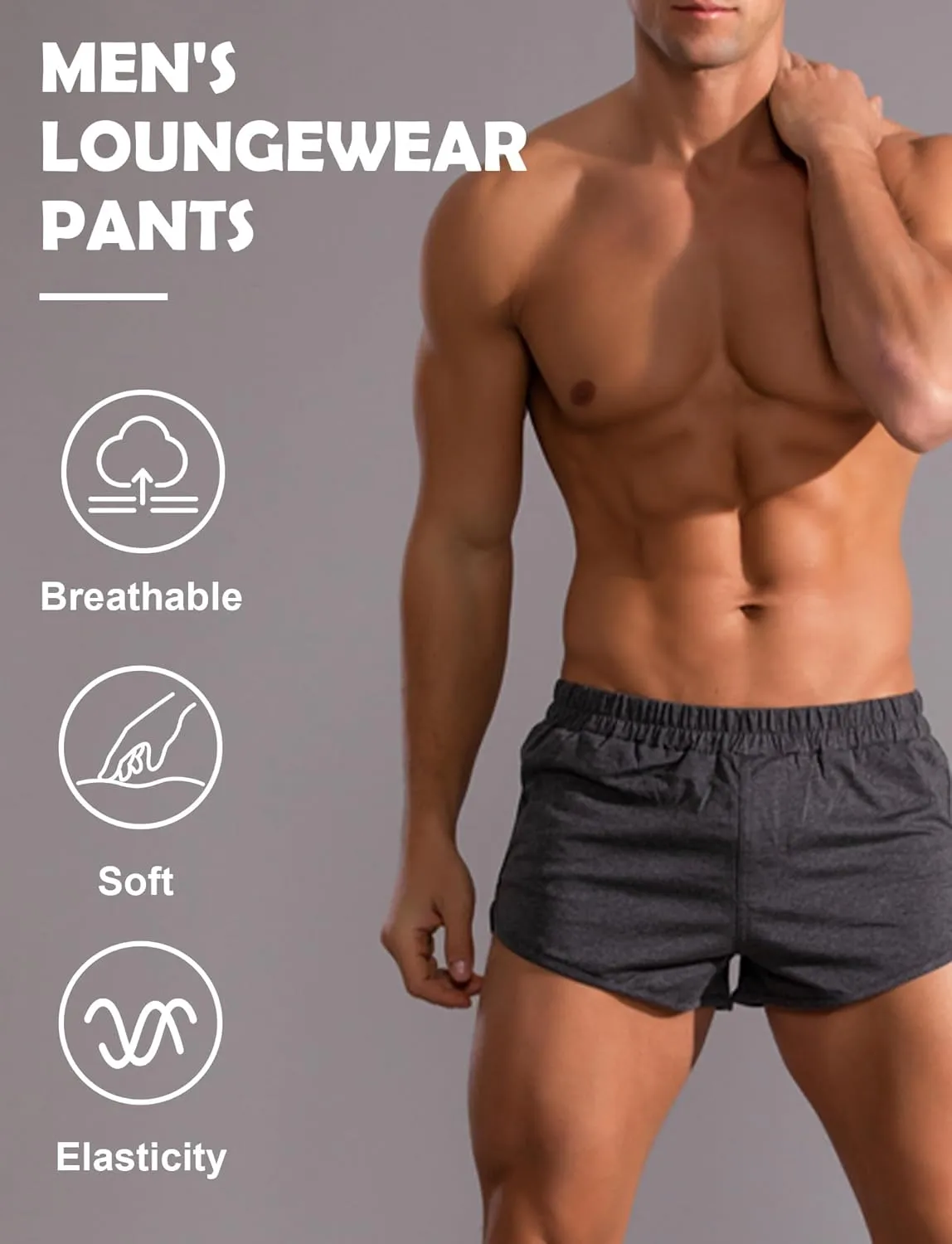 Panegy Men's Bodybuilding Shorts 3 Inch Soft Cotton Mid Rise Pajama Bottoms Snug Fit Lounge Short
