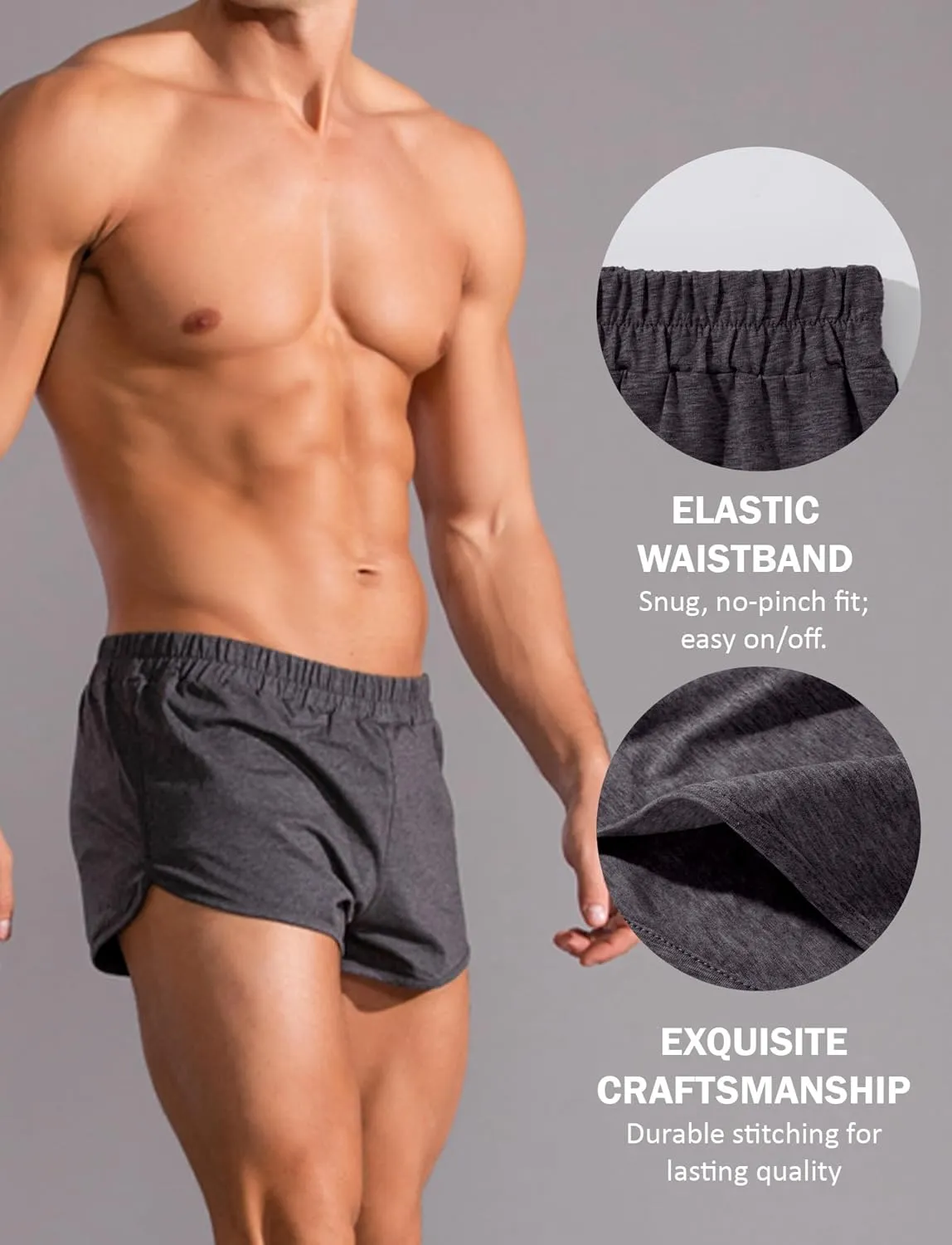 Panegy Men's Bodybuilding Shorts 3 Inch Soft Cotton Mid Rise Pajama Bottoms Snug Fit Lounge Short