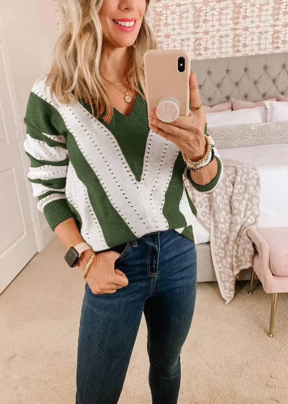 PRETTYGARDEN Women's Fashion Long Sleeve Striped Color Block Knitted Sweater Crew Neck Loose Pullover Jumper Tops