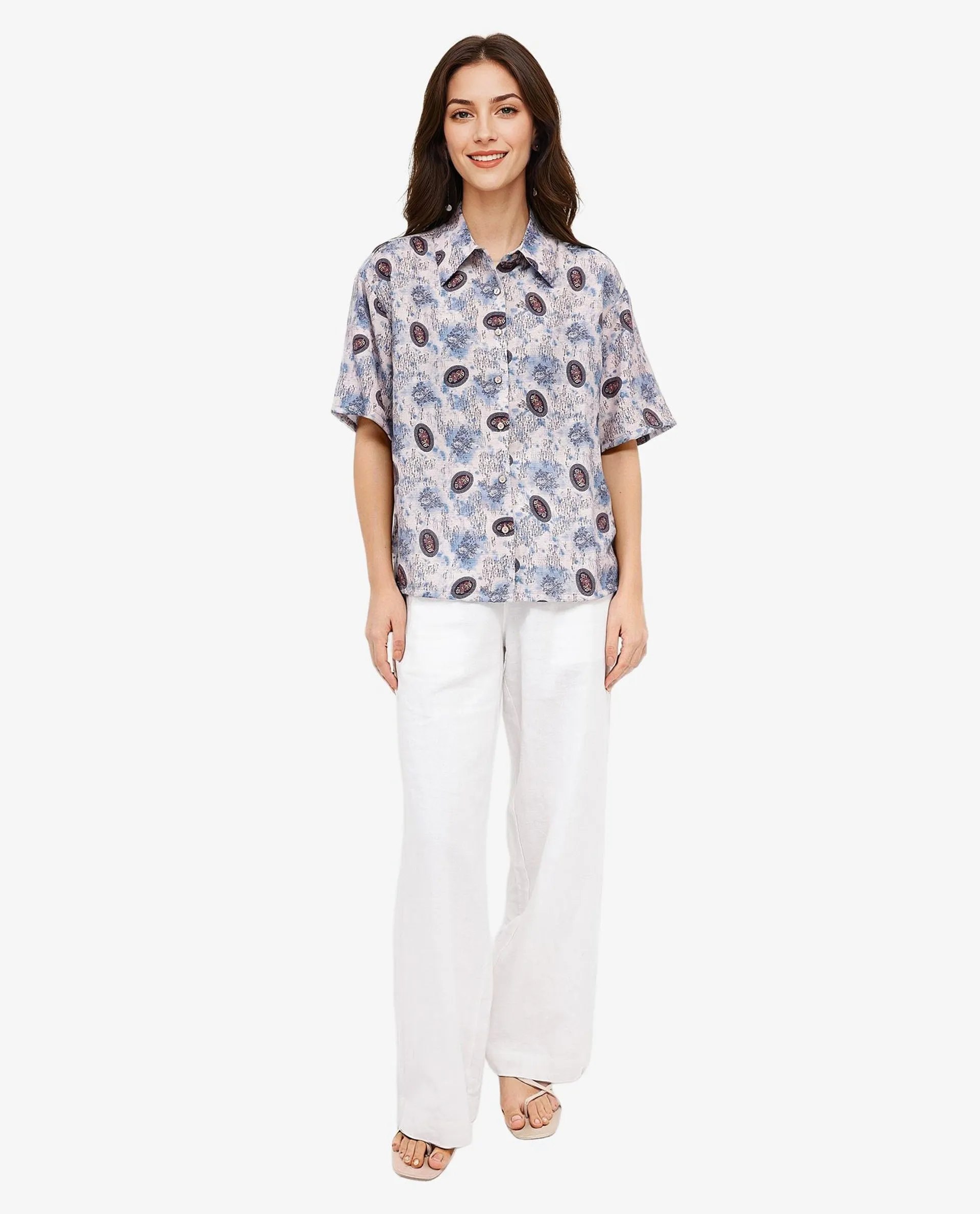 Rareism Women Orchard Off White Short Sleeve Collared Collar Button Boxy Fit Abstract Print Shirt