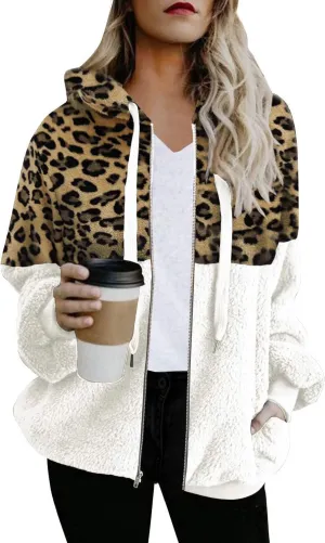 SENSERISE Womens Oversized Fleece Jacket Leopard Print Hoodie Sherpa Jacket Plaid Hooded Coat with Pockets