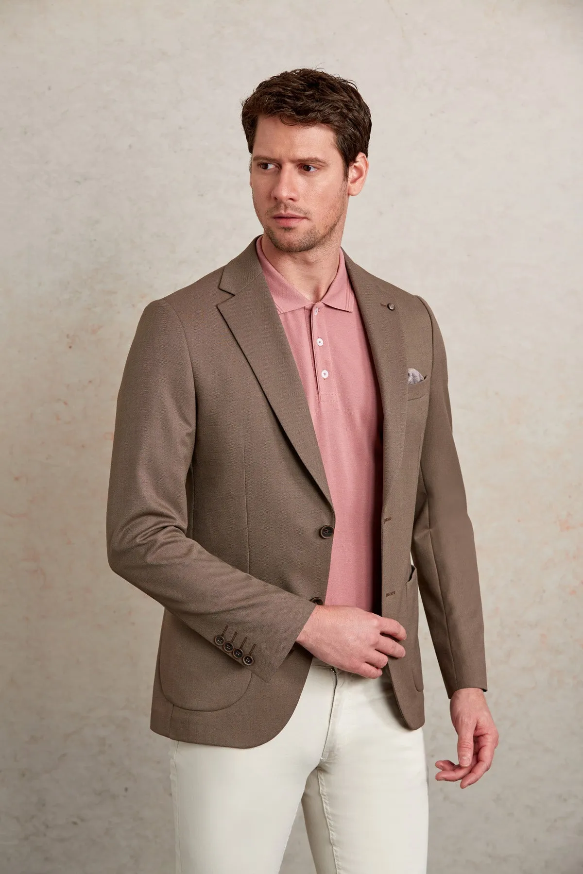 Slim Fit Notch Lapel Patterned Light Gray Casual Blazer, Brown D.