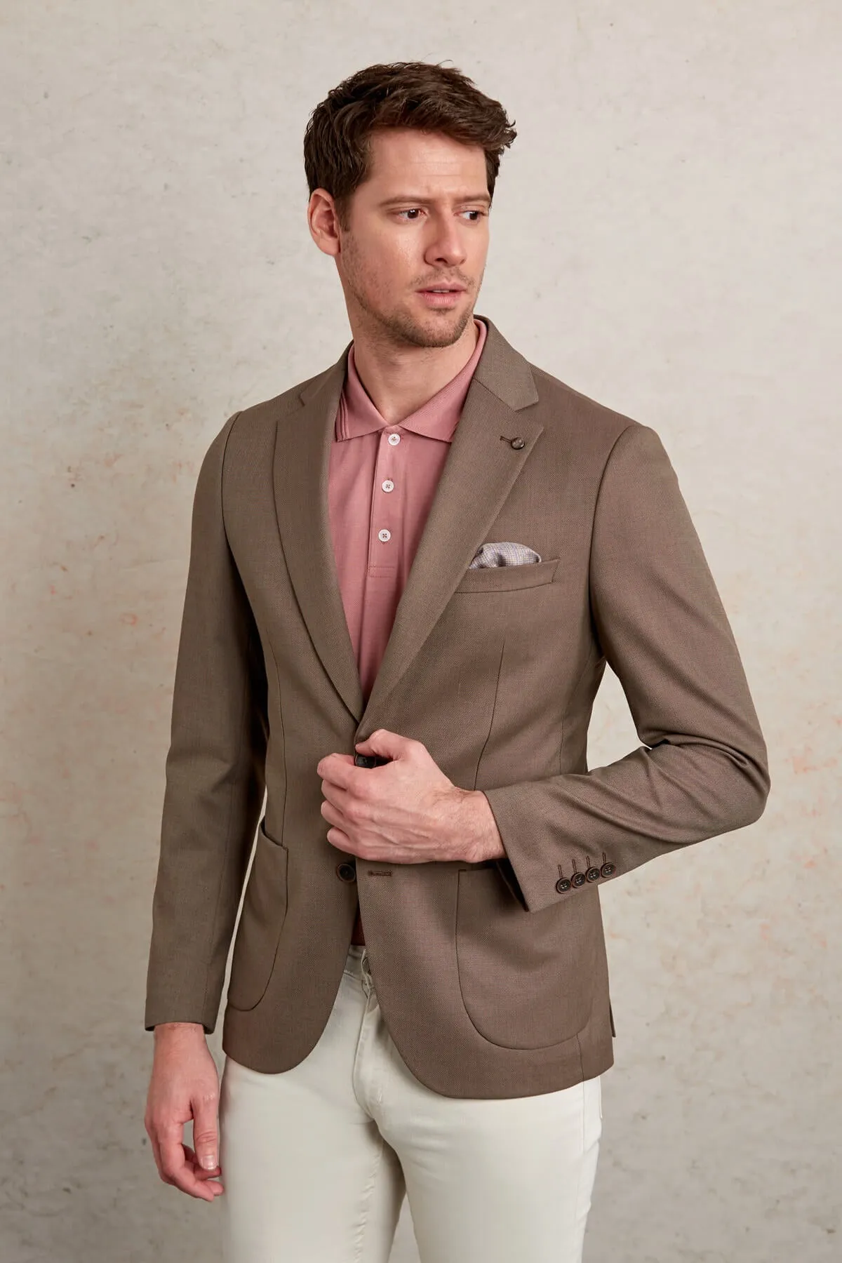 Slim Fit Notch Lapel Patterned Light Gray Casual Blazer, Brown D.