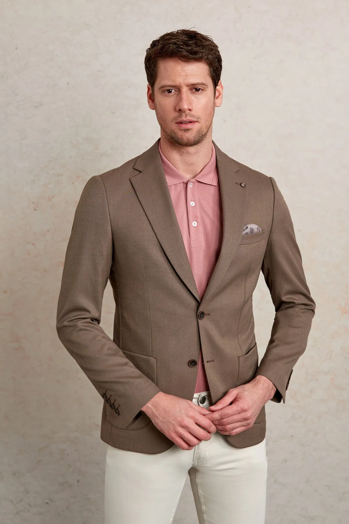 Slim Fit Notch Lapel Patterned Light Gray Casual Blazer, Brown D.