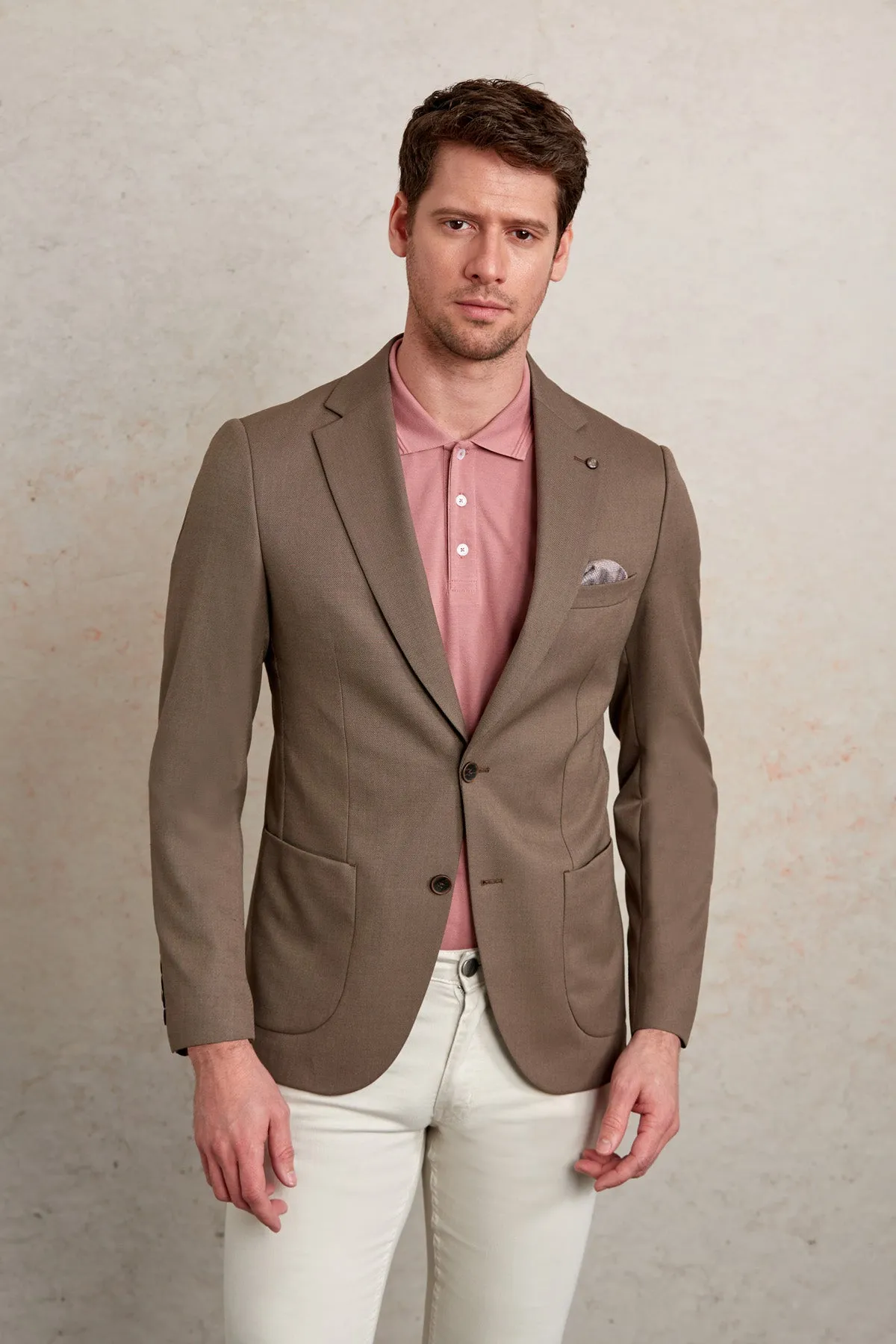 Slim Fit Notch Lapel Patterned Light Gray Casual Blazer, Brown D.