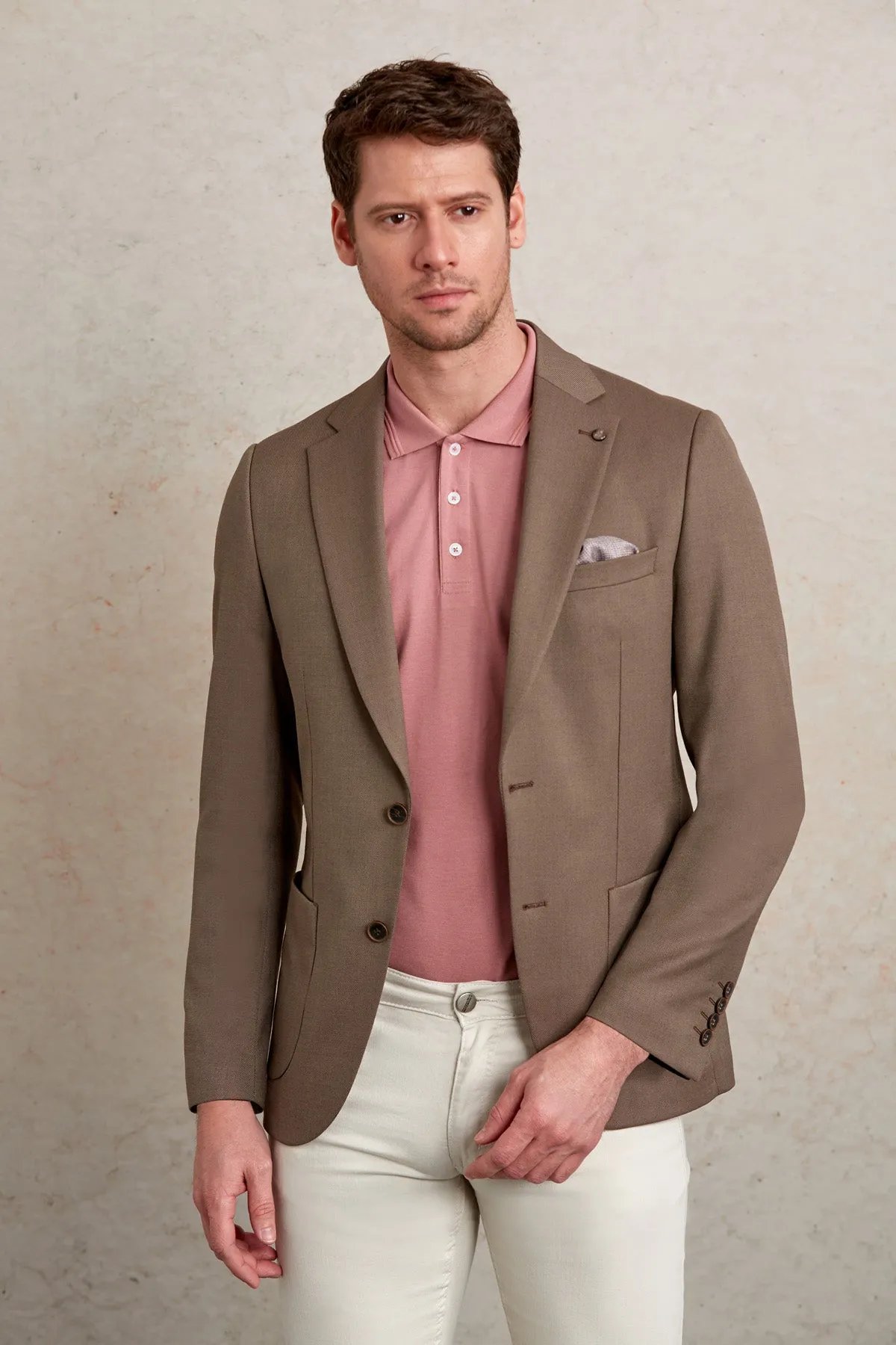 Slim Fit Notch Lapel Patterned Light Gray Casual Blazer, Brown D.