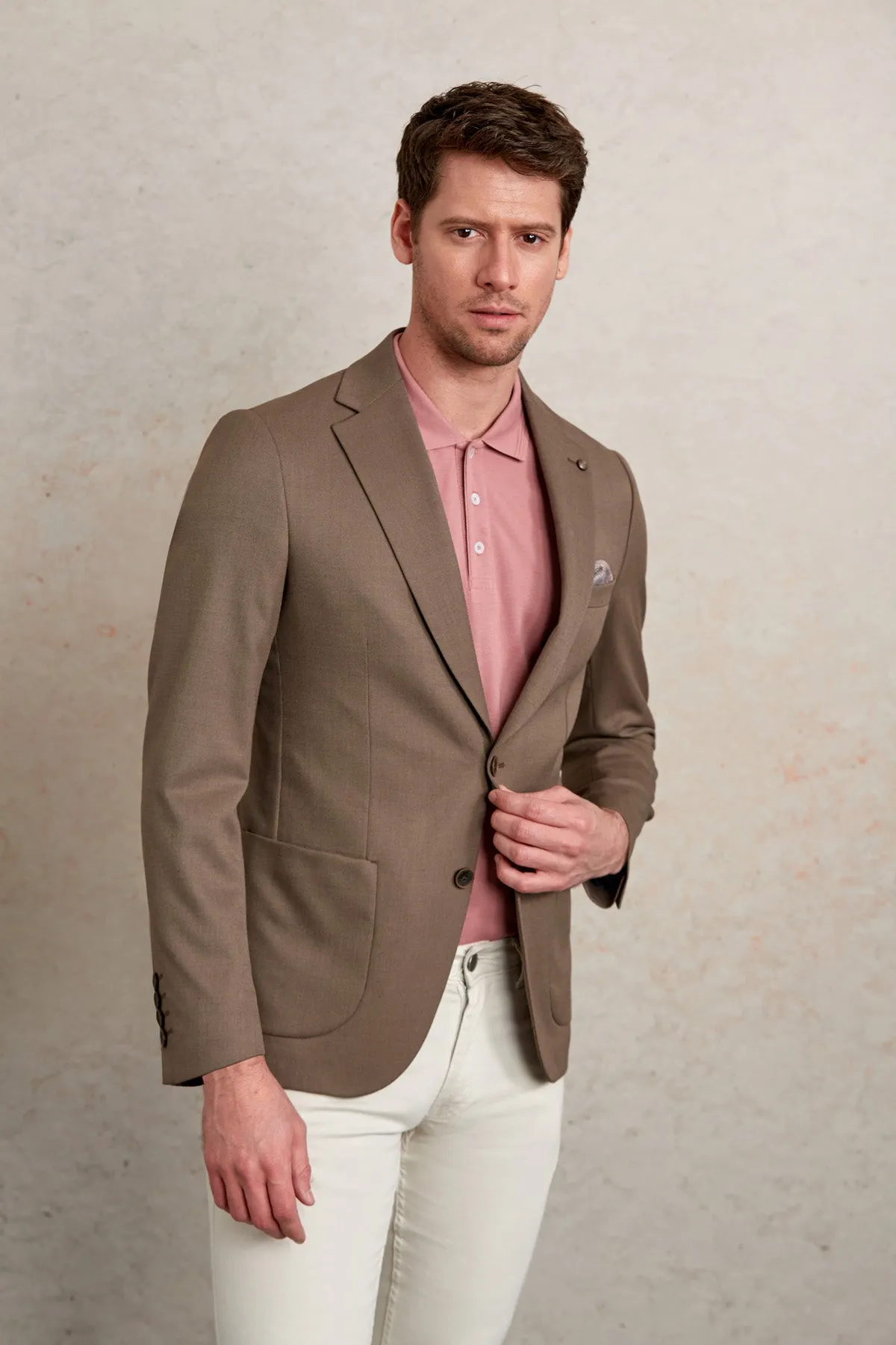 Slim Fit Notch Lapel Patterned Light Gray Casual Blazer, Brown D.