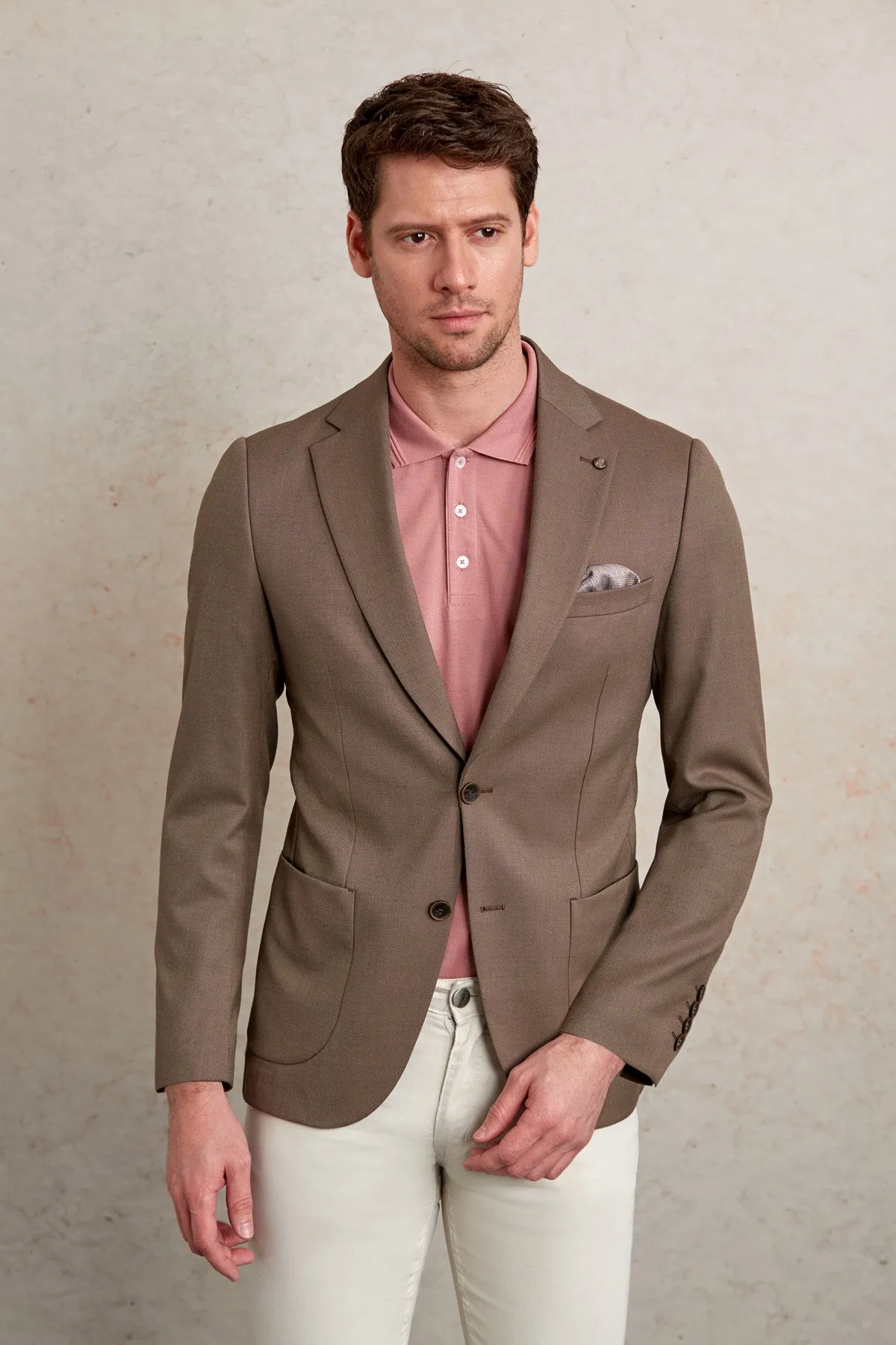 Slim Fit Notch Lapel Patterned Light Gray Casual Blazer, Brown D.