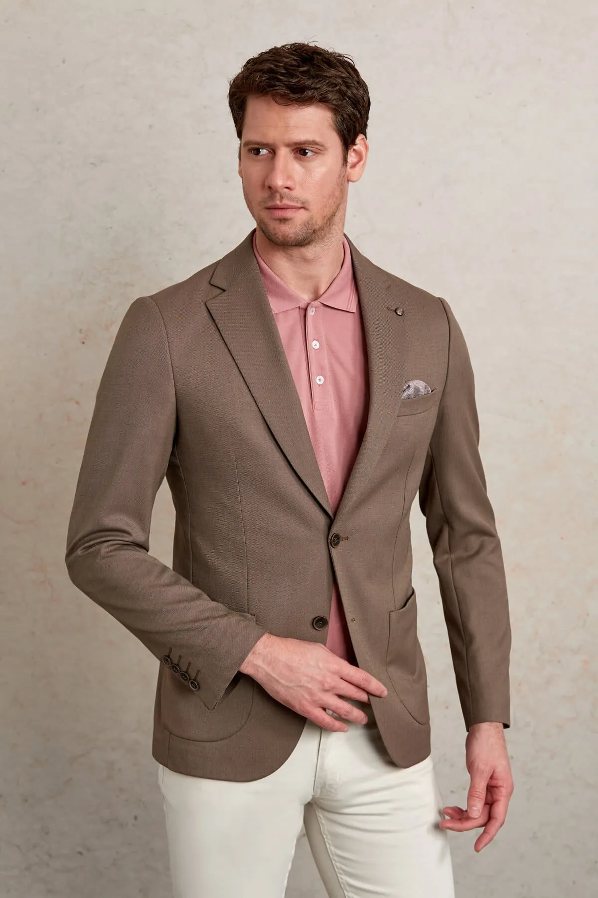 Slim Fit Notch Lapel Patterned Light Gray Casual Blazer, Brown D.