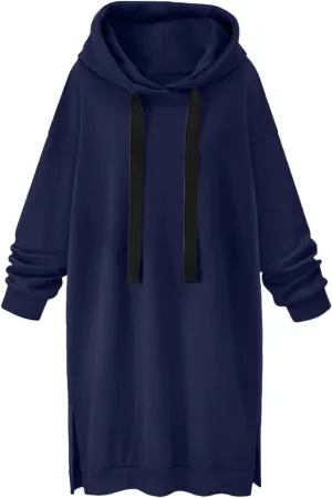 Stessotudo Oversized Long Hoodies for Women Solid Fleece Loose Fit Lounge Sweatshirts Drawstring Casual Comfy Hoodie Dress