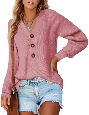 Sweater Button Up Women Henley Long Sleeve Sweater Pullover Fall 2024 Elegant Button V Neck Pullover, Small-3X-Large