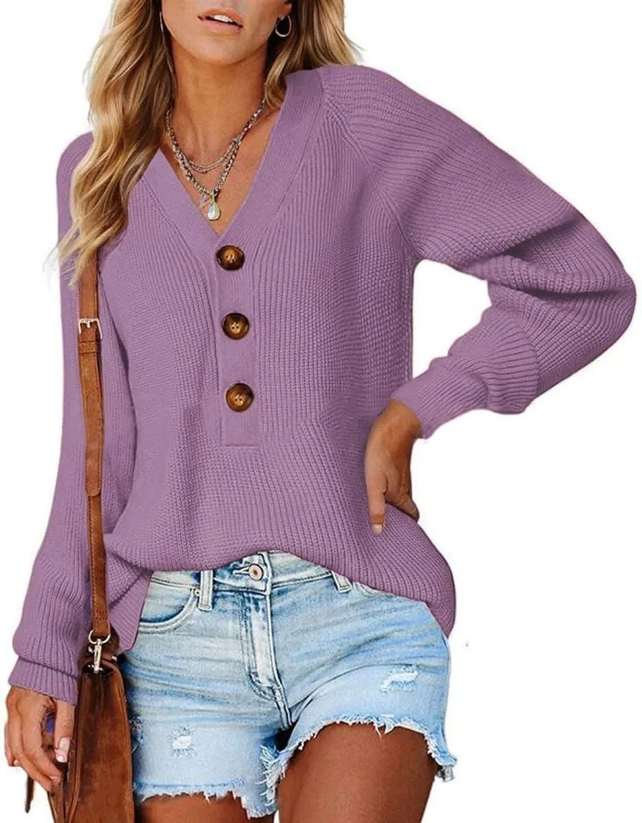 Sweater Button Up Women Henley Long Sleeve Sweater Pullover Fall 2024 Elegant Button V Neck Pullover, Small-3X-Large