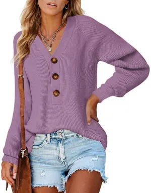 Sweater Button Up Women Henley Long Sleeve Sweater Pullover Fall 2024 Elegant Button V Neck Pullover, Small-3X-Large