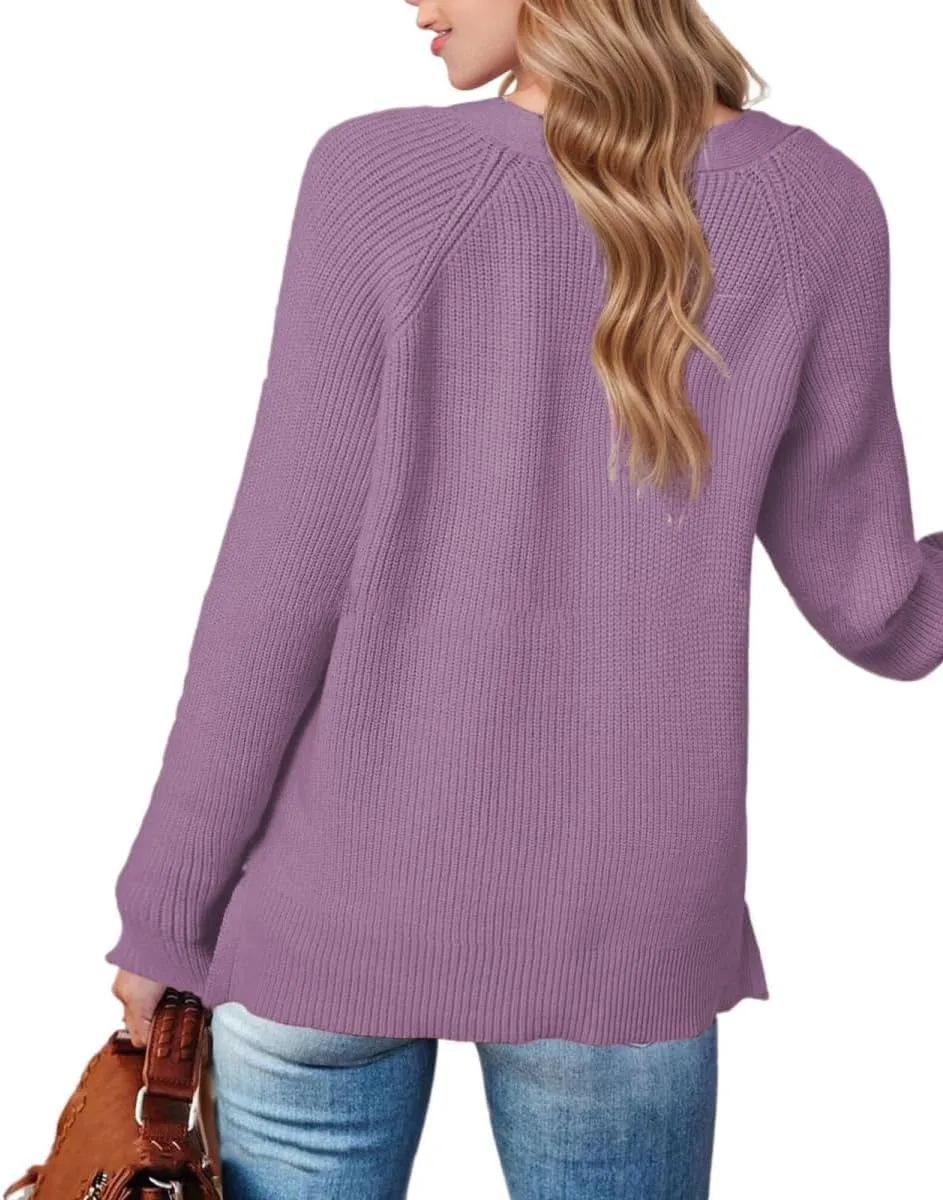 Sweater Button Up Women Henley Long Sleeve Sweater Pullover Fall 2024 Elegant Button V Neck Pullover, Small-3X-Large