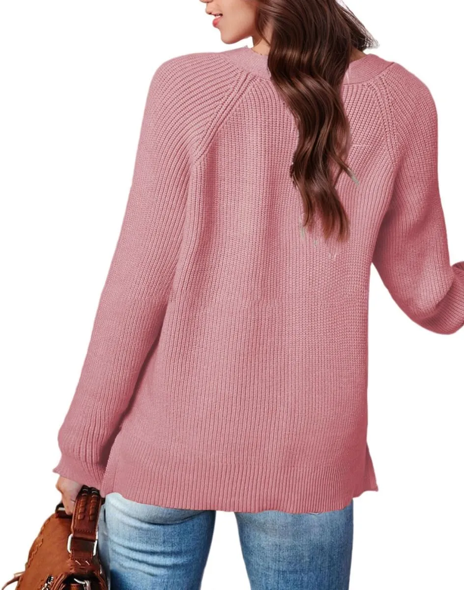 Sweater Button Up Women Henley Long Sleeve Sweater Pullover Fall 2024 Elegant Button V Neck Pullover, Small-3X-Large