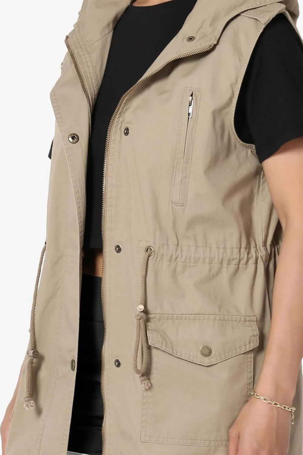 TheMogan Women's Military Drawstring Loose Fit Hoodie Vest Sleeveless Utility Vest
