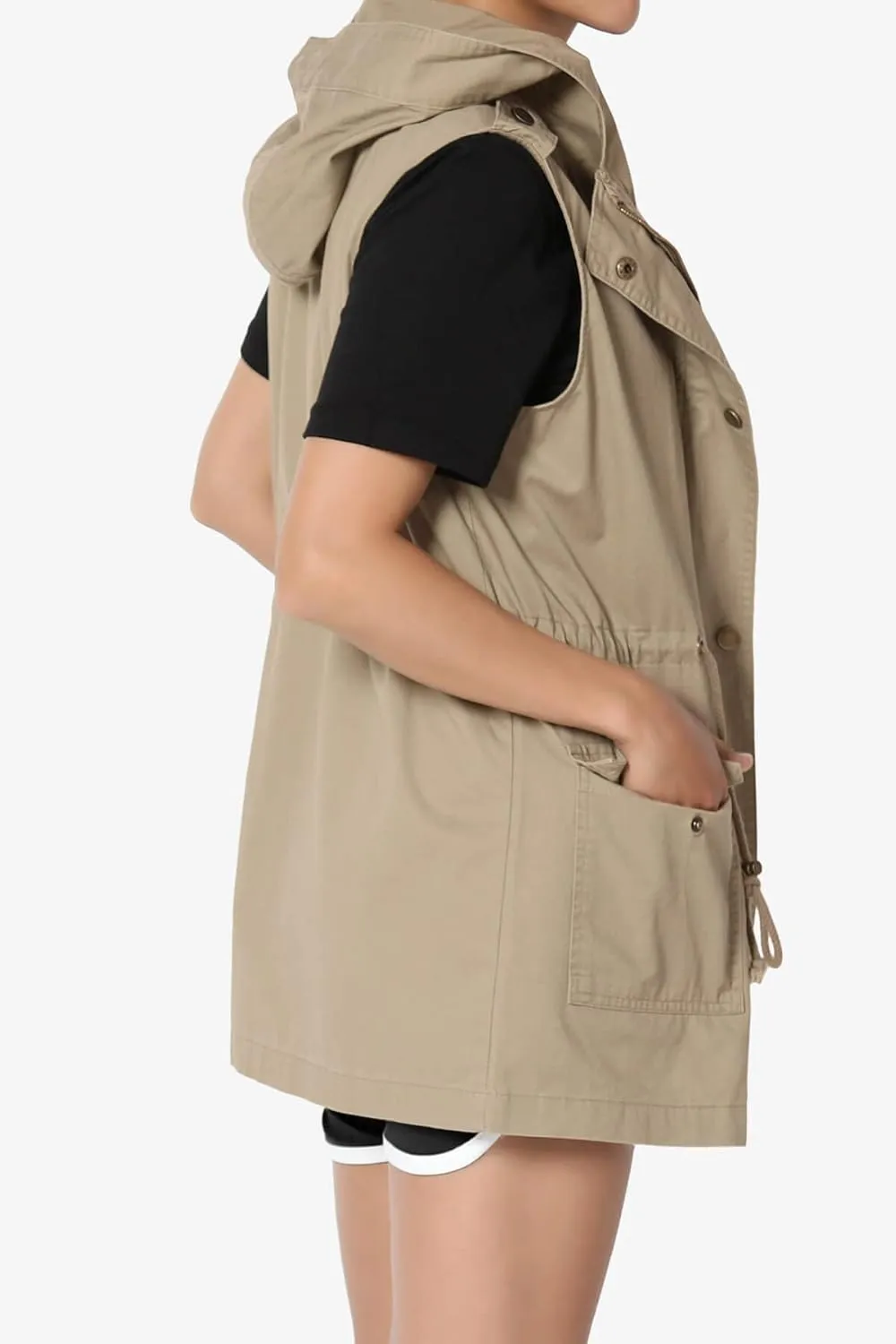 TheMogan Women's Military Drawstring Loose Fit Hoodie Vest Sleeveless Utility Vest