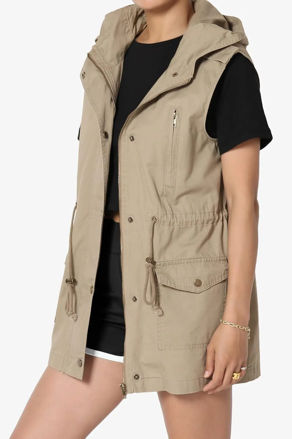 TheMogan Women's Military Drawstring Loose Fit Hoodie Vest Sleeveless Utility Vest