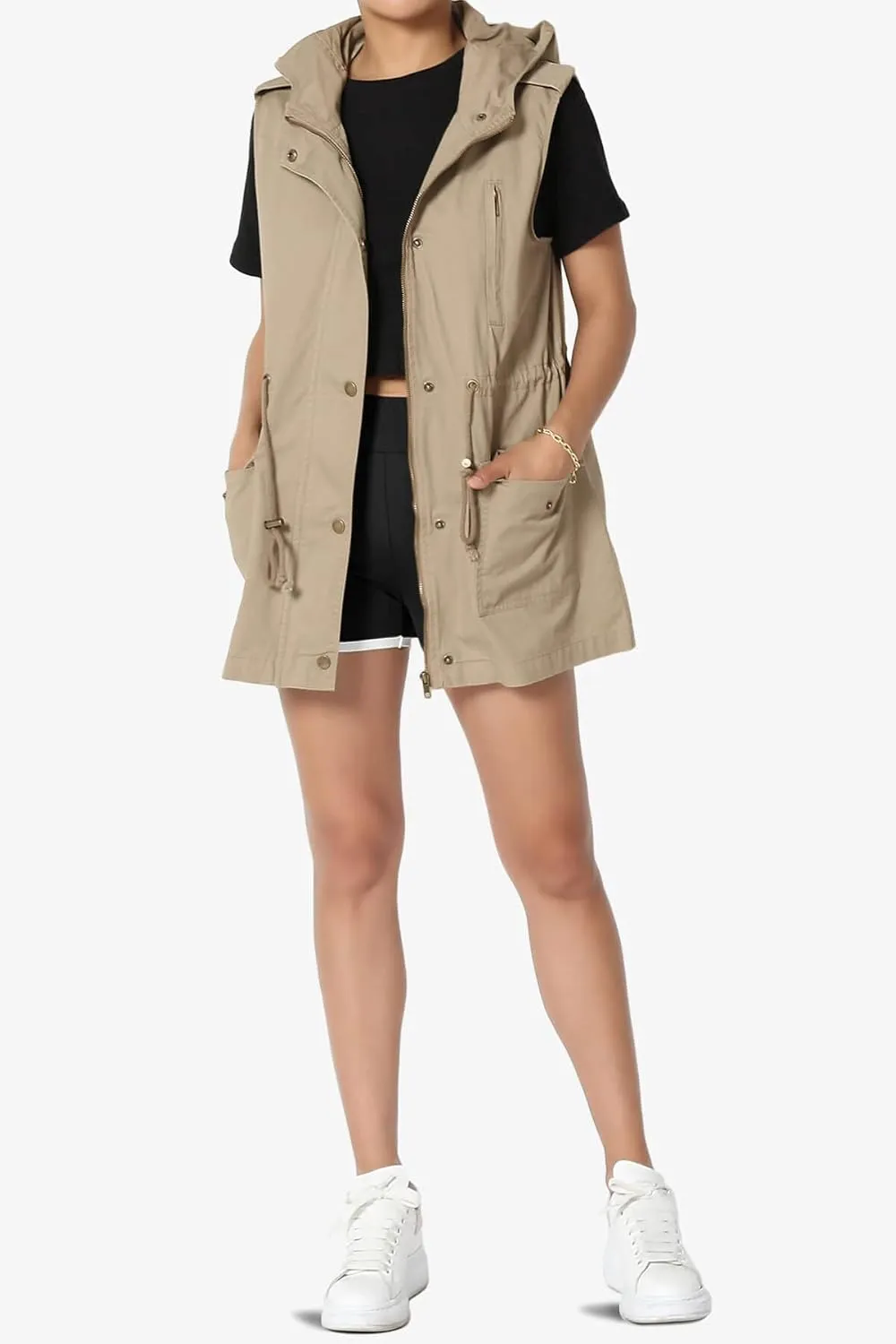 TheMogan Women's Military Drawstring Loose Fit Hoodie Vest Sleeveless Utility Vest