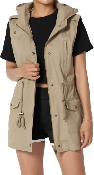 TheMogan Women's Military Drawstring Loose Fit Hoodie Vest Sleeveless Utility Vest