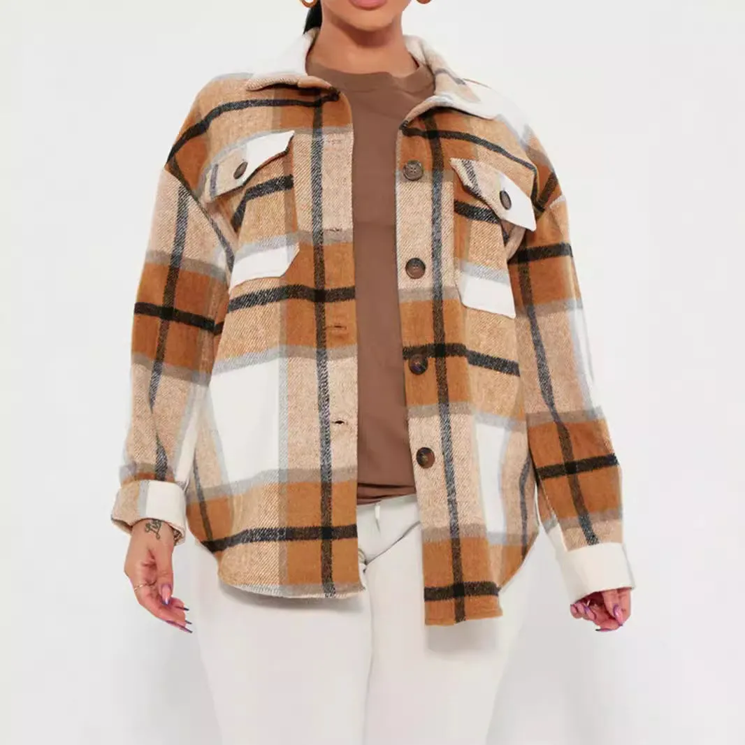 Toleet 90s fashion Fall 2024 Women's Loose Plaid Casual Lapel Row Button Pocket Jacket Coat