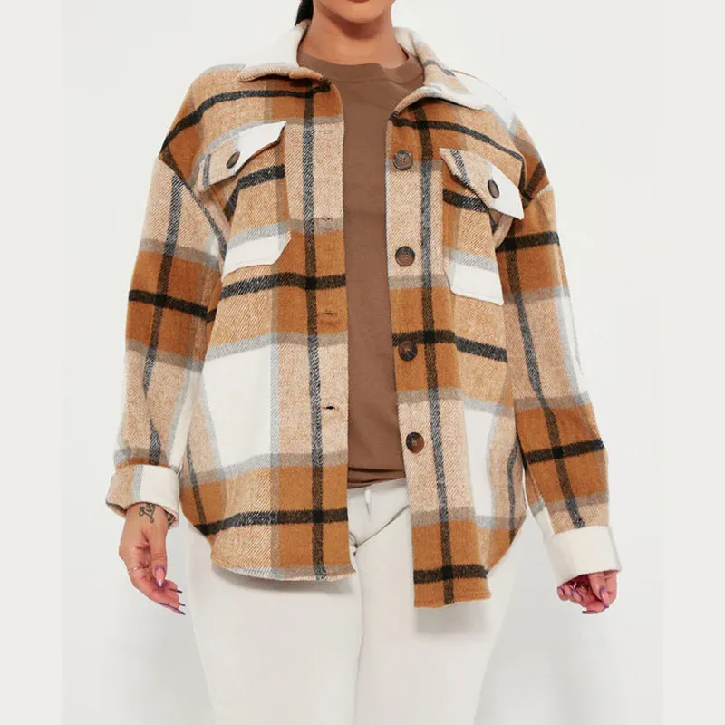 Toleet 90s fashion Fall 2024 Women's Loose Plaid Casual Lapel Row Button Pocket Jacket Coat