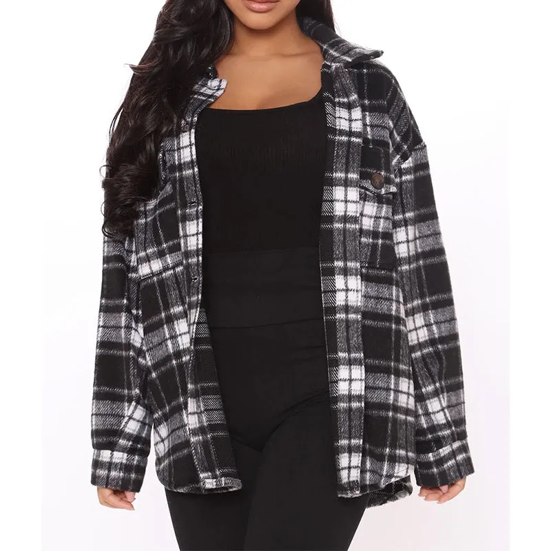 Toleet 90s fashion Fall 2024 Women's Loose Plaid Casual Lapel Row Button Pocket Jacket Coat