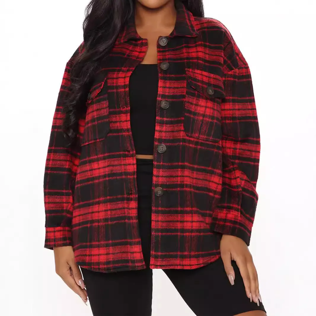 Toleet 90s fashion Fall 2024 Women's Loose Plaid Casual Lapel Row Button Pocket Jacket Coat