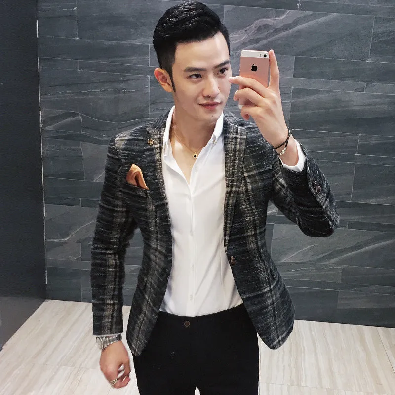 Vintage Plaid Wool Blend Men Slim Fit Smart Casual Blazer
