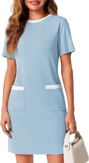 Wenrine Womens Work Dress Business Casual Contrast Color Elegant Short Sleeve Knit Summer Mini Dress