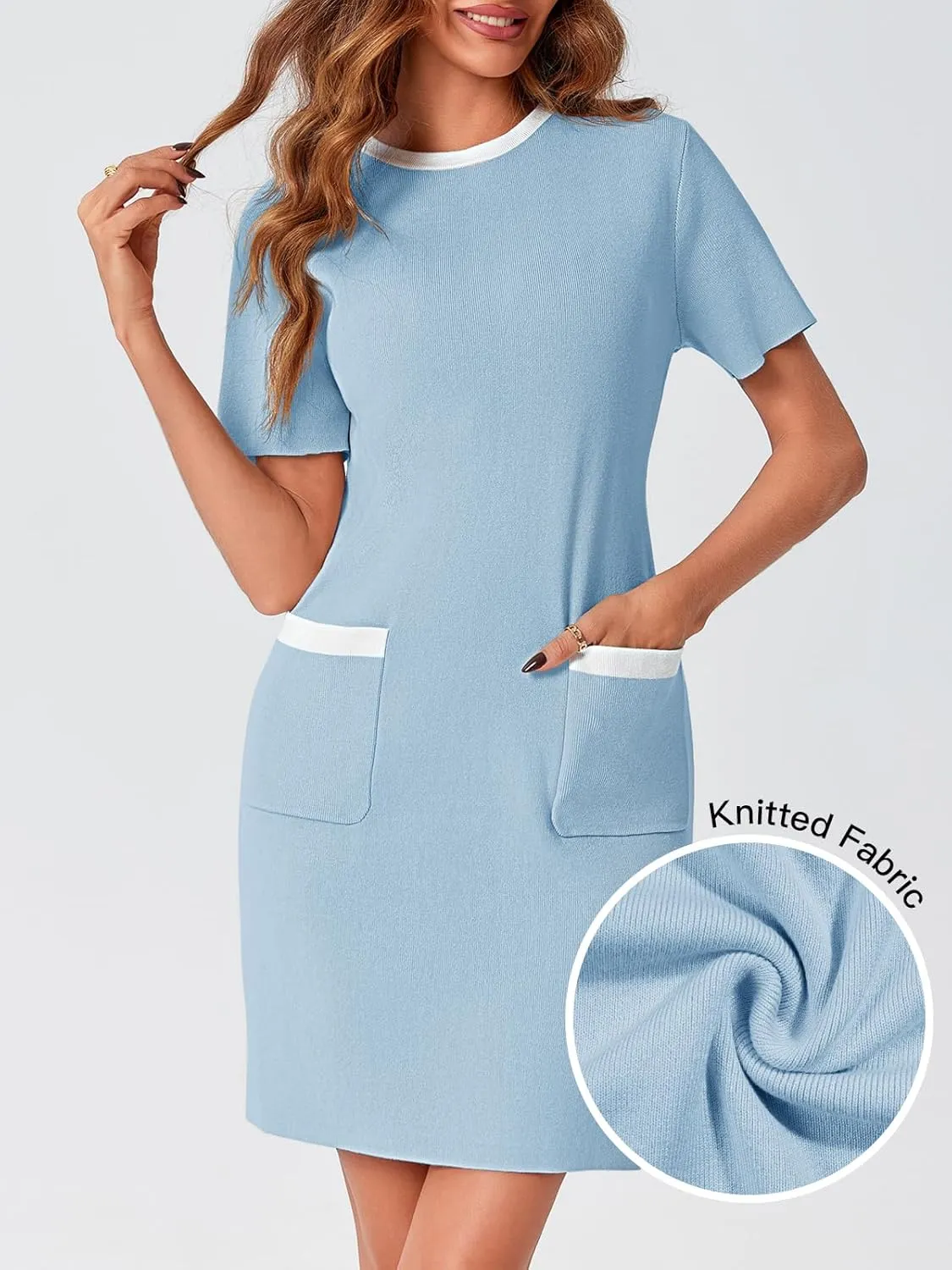 Wenrine Womens Work Dress Business Casual Contrast Color Elegant Short Sleeve Knit Summer Mini Dress