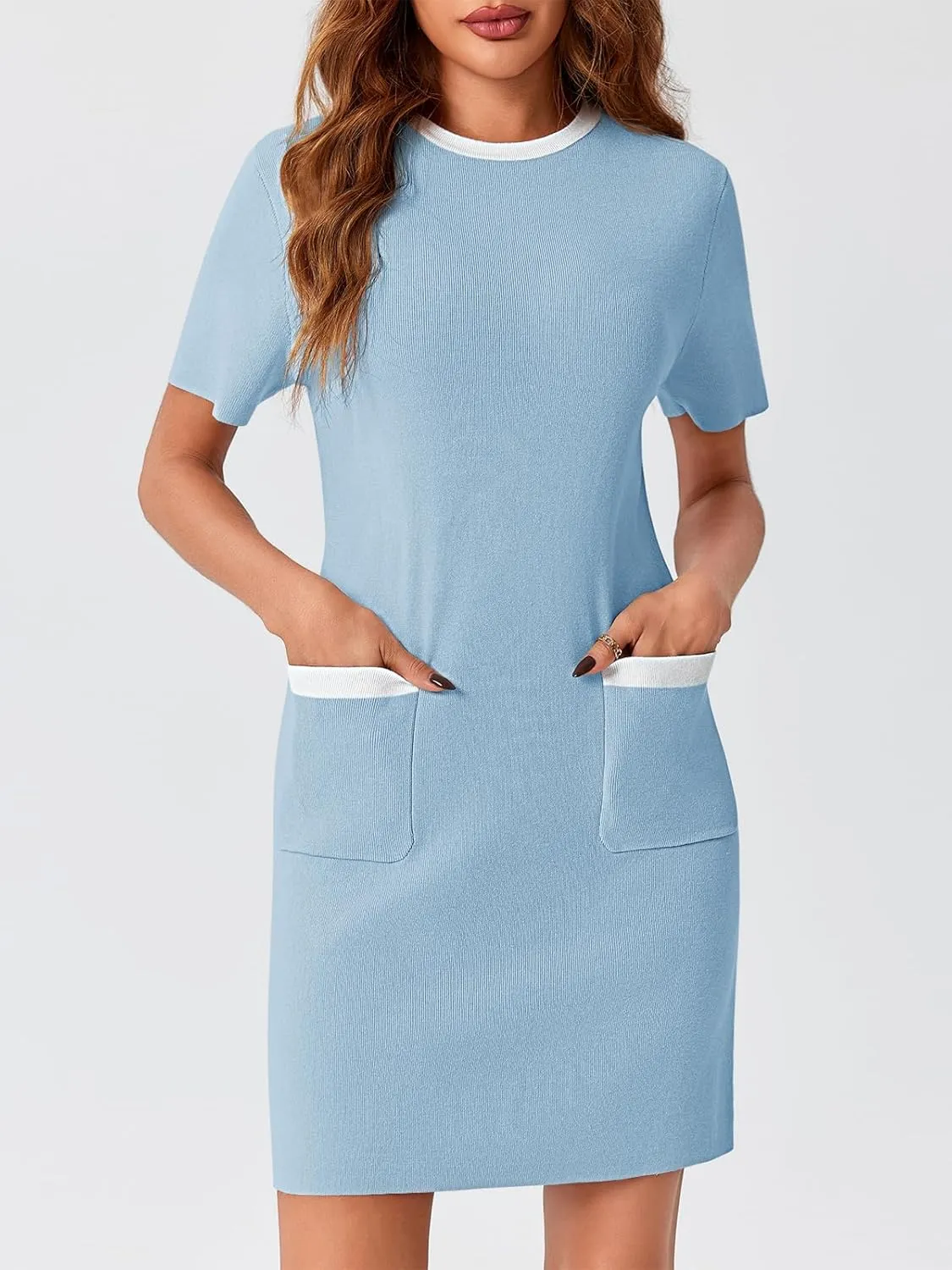 Wenrine Womens Work Dress Business Casual Contrast Color Elegant Short Sleeve Knit Summer Mini Dress