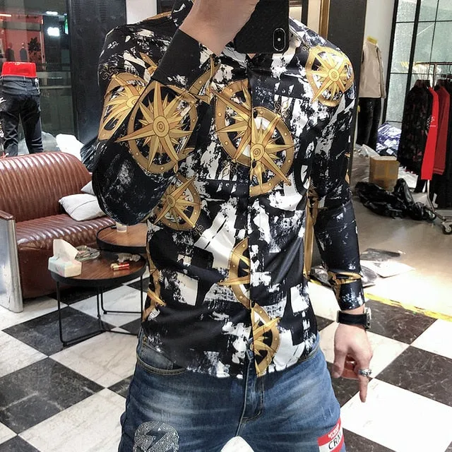 Wind Direction Printed Pattern Long Sleeve Shirt