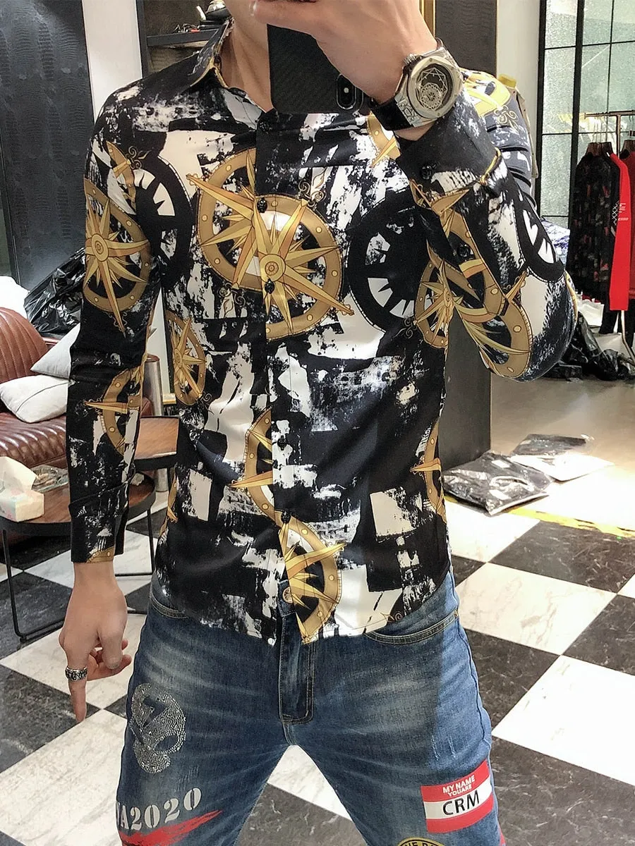 Wind Direction Printed Pattern Long Sleeve Shirt