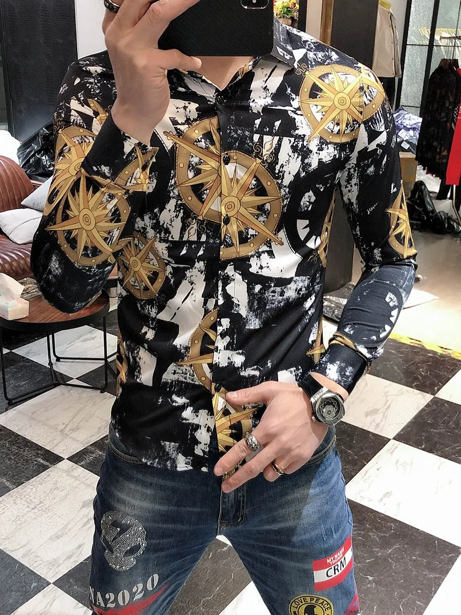 Wind Direction Printed Pattern Long Sleeve Shirt