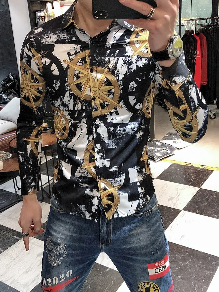 Wind Direction Printed Pattern Long Sleeve Shirt