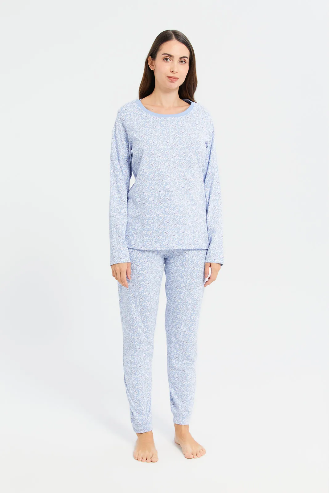 Women Blue Floral Print Pajama Set (2 Piece)