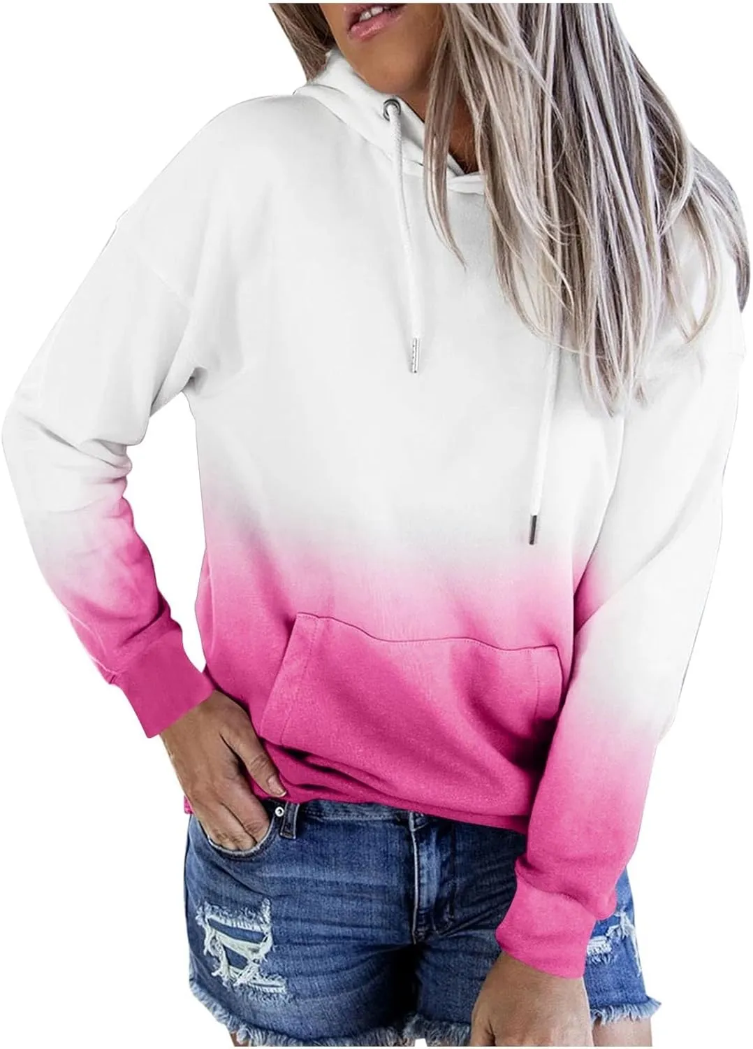 Women Casual Hoodies Tie-Dye Sweatshirt Fashion Y2k Oversized Pullover Drawstring Long Sleeve Tops Loose Fit Blouse