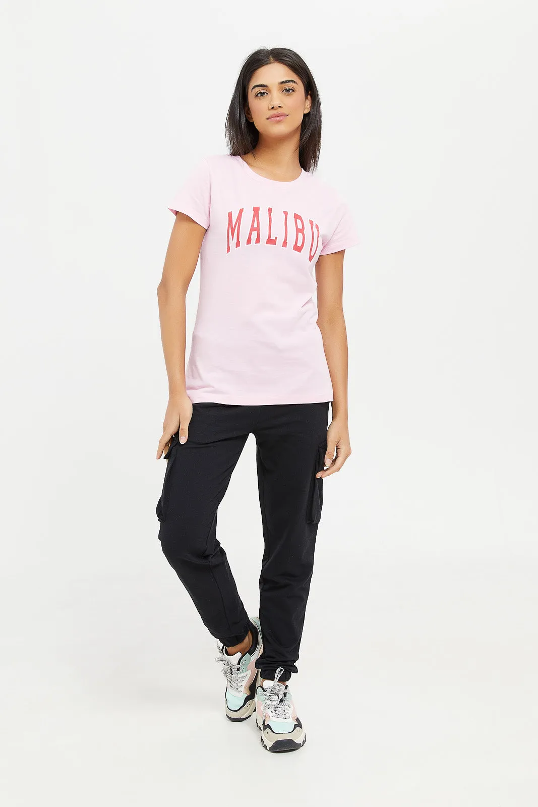 Women Pink Malibu Print T-Shirt