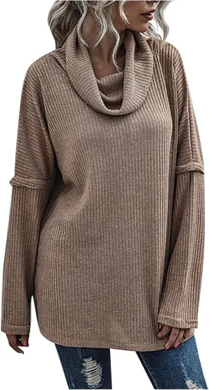 Women's Cowl Neck Casual Oversized Sweater Turtleneck Long Sleeve Tunic Ribbed Knit Pullover Tops Loose Soft Jumper