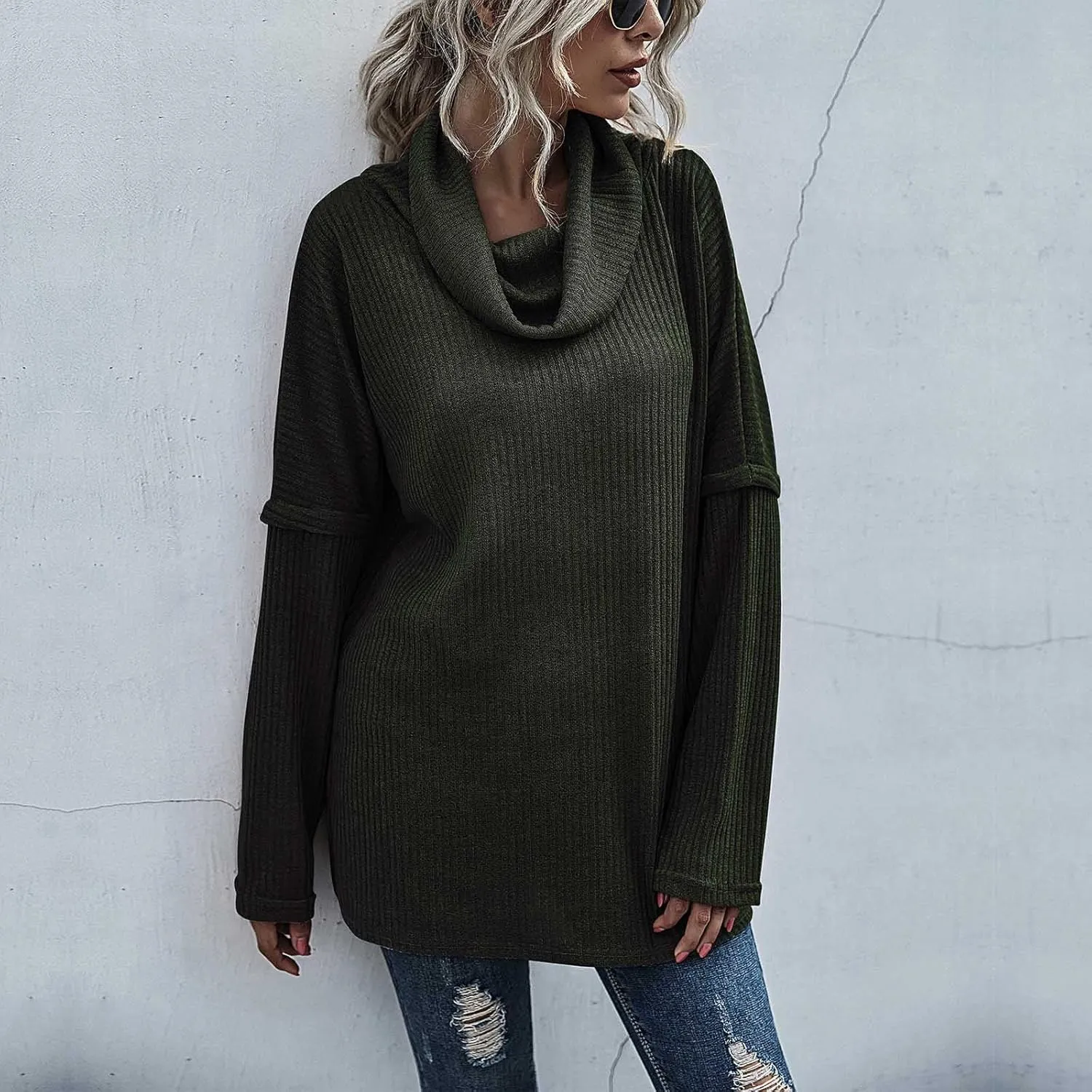 Women's Cowl Neck Casual Oversized Sweater Turtleneck Long Sleeve Tunic Ribbed Knit Pullover Tops Loose Soft Jumper