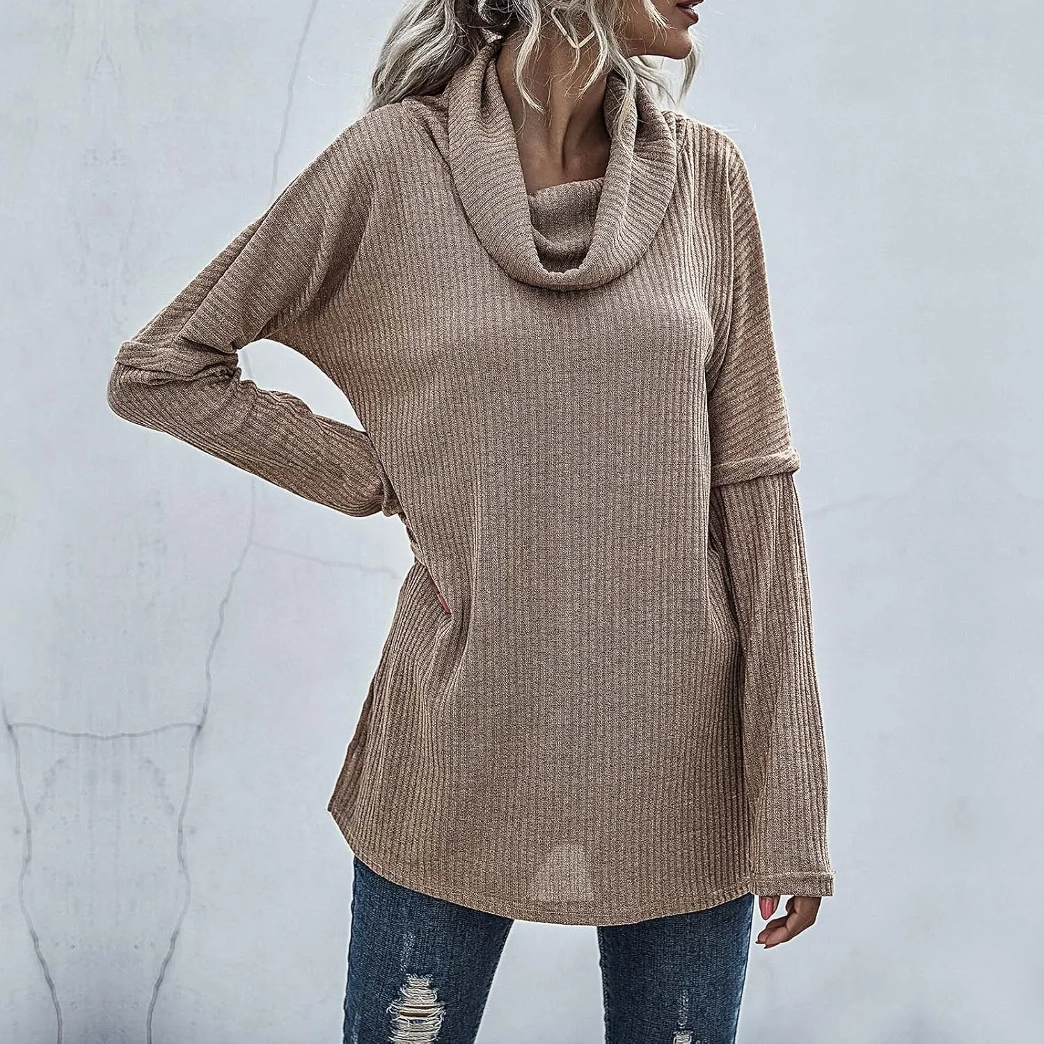 Women's Cowl Neck Casual Oversized Sweater Turtleneck Long Sleeve Tunic Ribbed Knit Pullover Tops Loose Soft Jumper